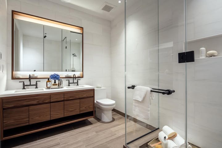 Baño contemporáneo con mueble flotante de madera y espejo retroiluminado
